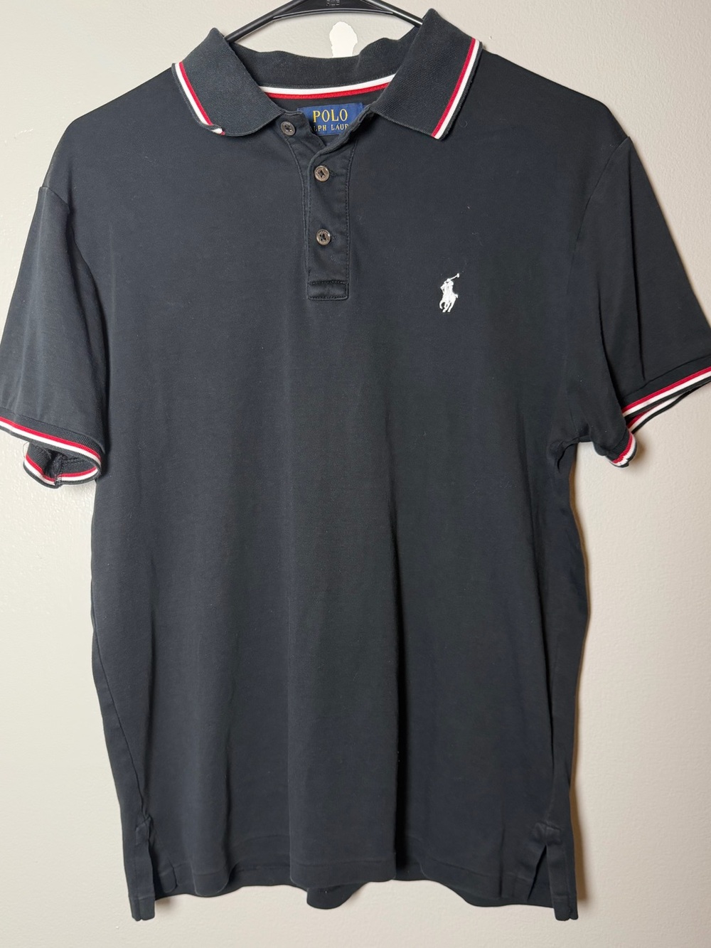 Polo Ralph Lauren Custom Slim Fit Polo Shirt Black Red White Trim Mens M